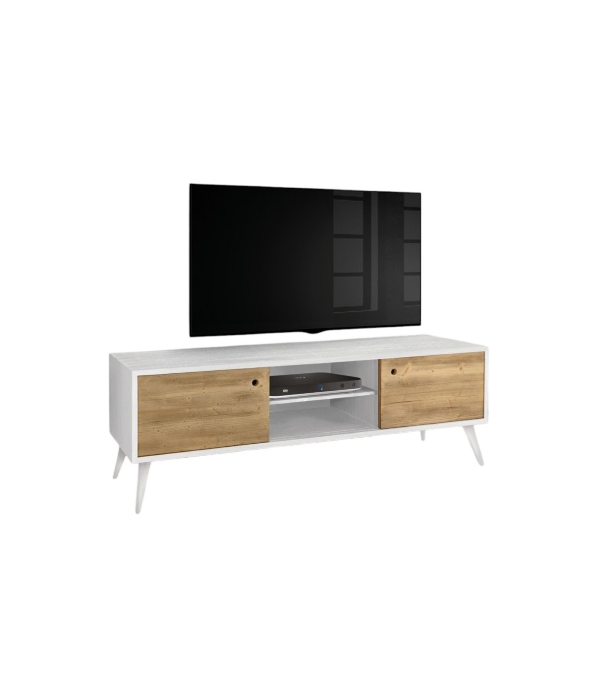 MOBILI 2G - PORTA TV IN LEGNO ABETE SPAZZOLATO NATURALE/BIANCO 160X45X55 (885) vista frontale