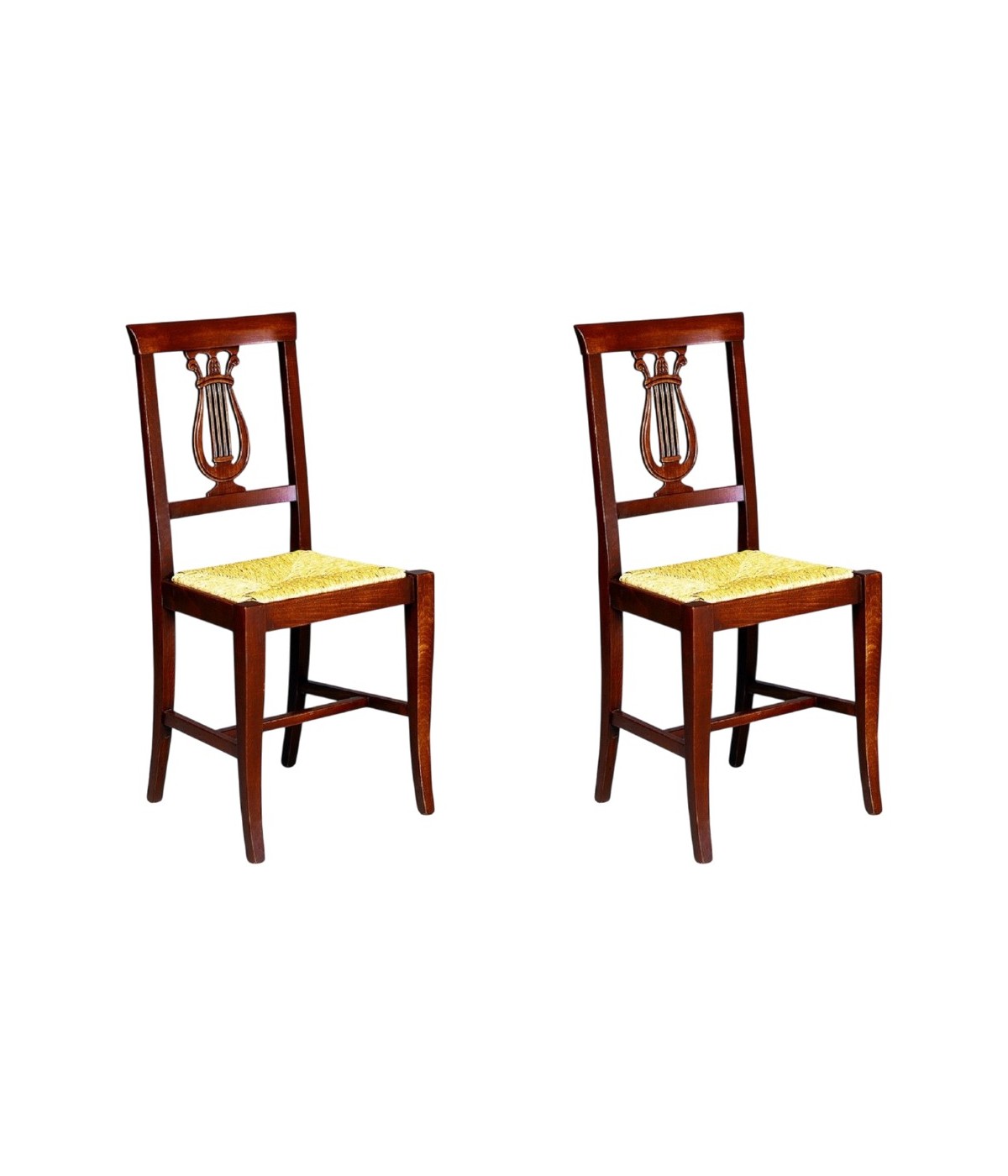 MOBILI 2G - SET 2 SEDIE A LIRA IN LEGNO TINTA NOCE SCURO SEDUTA PAGLIA vista frontale