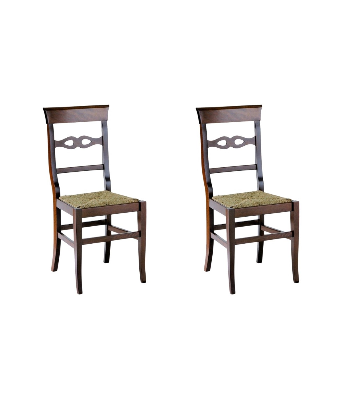 MOBILI 2G - SET 2 SEDIE IN LEGNO MASSELLO TINTA NOCE SCURO SEDUTA PAGLIA vista frontale