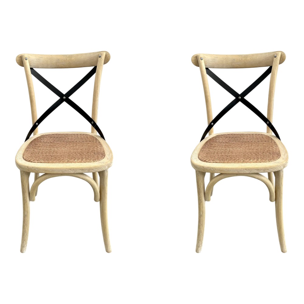 MOBILI 2G - SET 2 SEDIE CROSS INVECCHIATE NATURALE CON SCHIENALE IN FERRO E SEDUTA IN RATTAN vista frontale