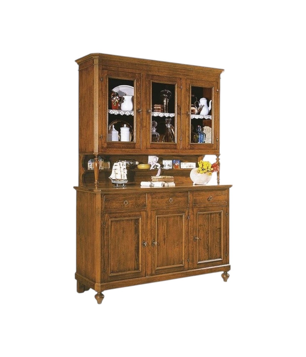 MOBILI 2G - CRISTALLIERA ARTE POVERA LEGNO MASSELLO 3 PORTE 3 CASSETTI TINTA NOCE 160x50x221 (6009+6010) VISTA FRONTALE