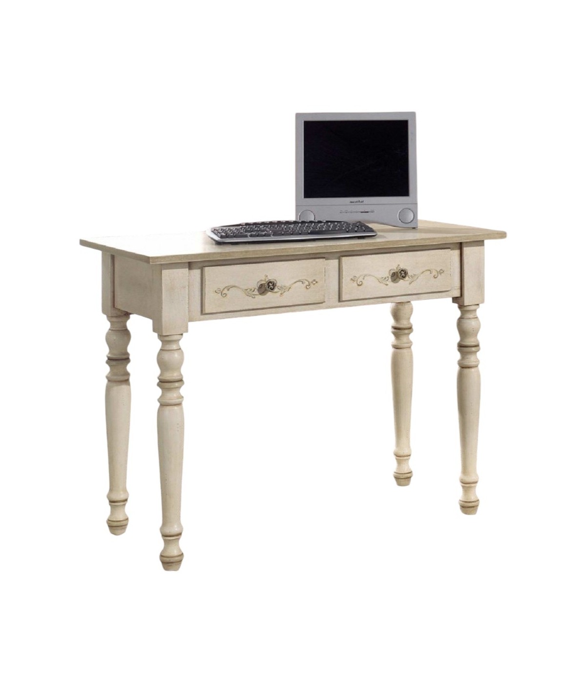 MOBILI 2G - SCRIVANIA CLASSICA SHABBY LEGNO AVORIO E VERDE 105X55X80 (1468) vista frontale