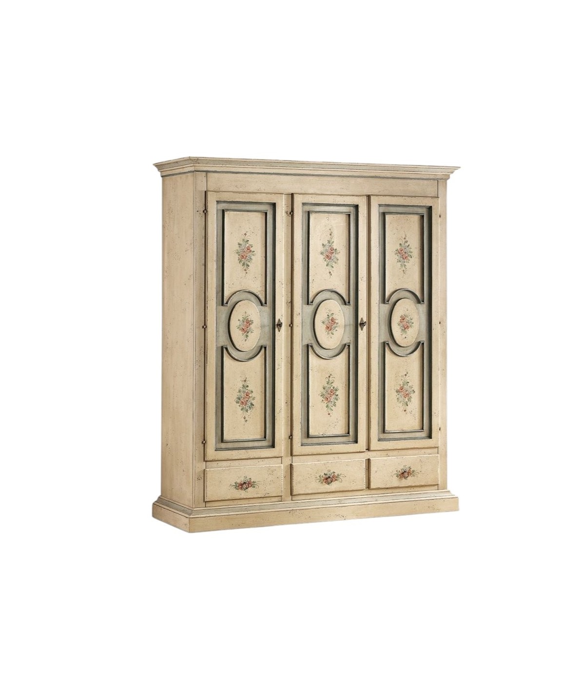 MOBILI 2G - Armadio 3 porte arte povera in legno shabby avorio 184x60x217 (1433) vista frontale
