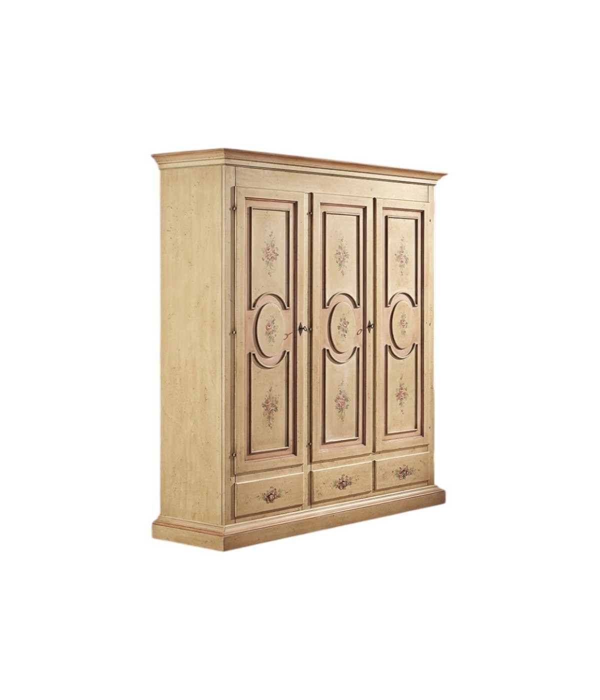 MOBILI 2G - Armadio 3 porte arte povera in legno shabby avorio anticato filo rosa 184x60x217 (1434) vista frontale