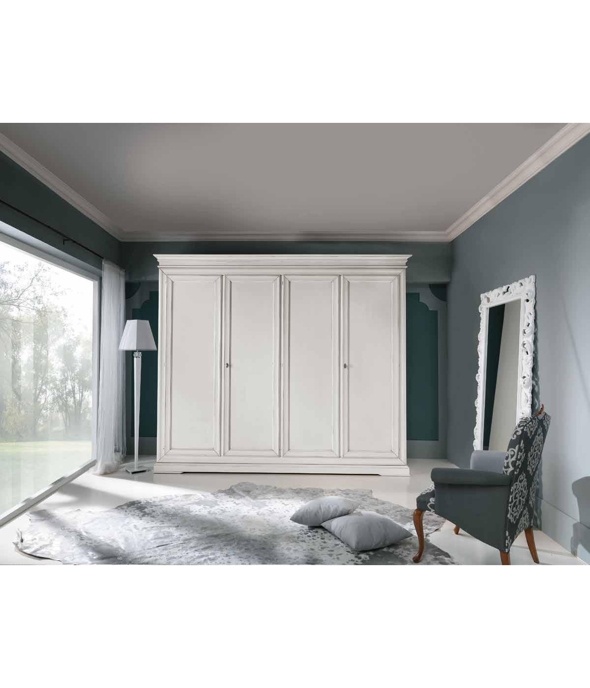 MOBILI 2G - ARMADIO IN LEGNO CLASSICO 4 ANTE SHABBY BIANCO 300X68X255