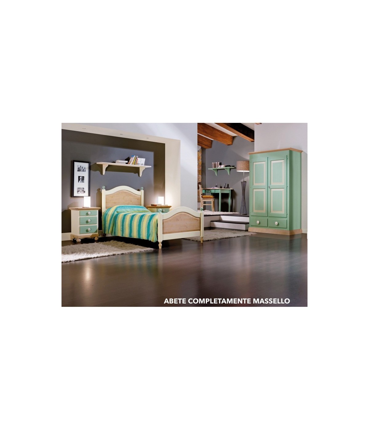 MOBILI 2G - CAMERETTA DA LETTO COMPLETA LEGNO MASSELLO SHABBY VERDE MIELE vista frontale