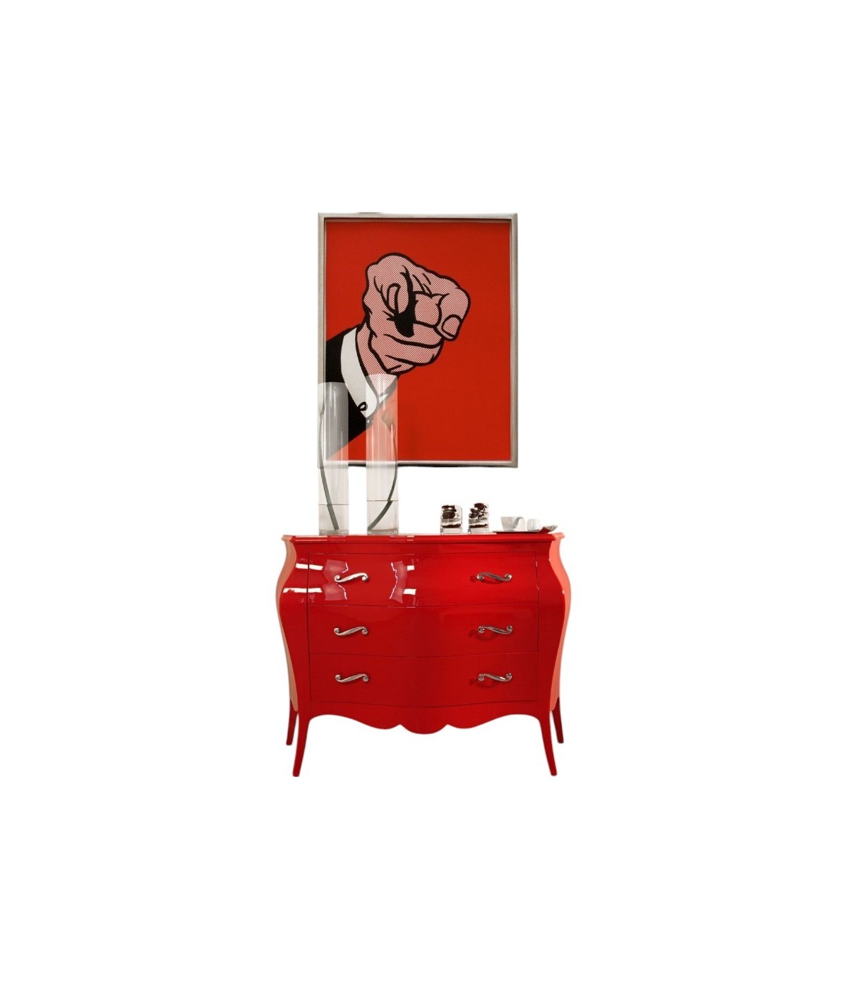 MOBILI 2G - Cassettiera sagomata 3 cassetti legno laccato rosso lucido 105x42X85 VISTA FRONTALE