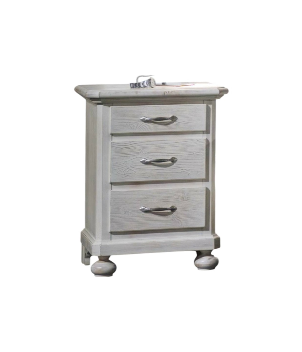 MOBILI 2G -  Comodino 3 cassetti legno shabby bianco spazzolato 50x38x66 (2215) VISTA FRONTALE