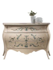 MOBILI 2G - Comò Bombato shabby Legno avorio decori floreali 130x55x88 (1368) vista frontale