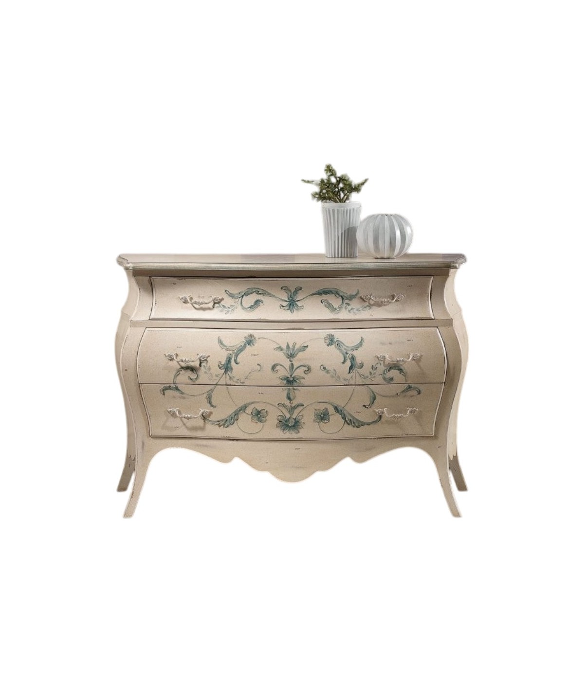 MOBILI 2G - Comò Bombato shabby Legno avorio decori floreali 130x55x88 (1368) vista frontale