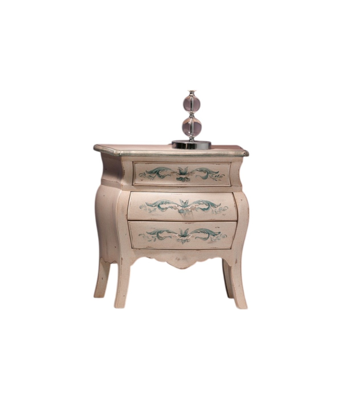 MOBILI 2G - Comodino Bombato shabby Legno avorio decori floreali 62x32x65 (1369) vista frontale