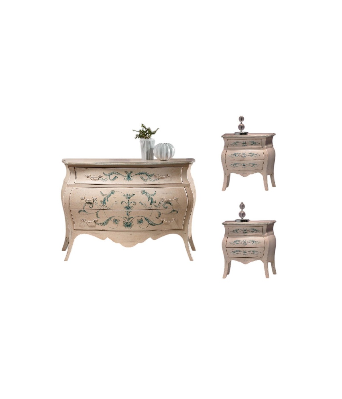 MOBILI 2G - Gruppo 1 comò 2 comodini Bombato shabby Legno avorio decori floreali (1369) (1368) vista frontale