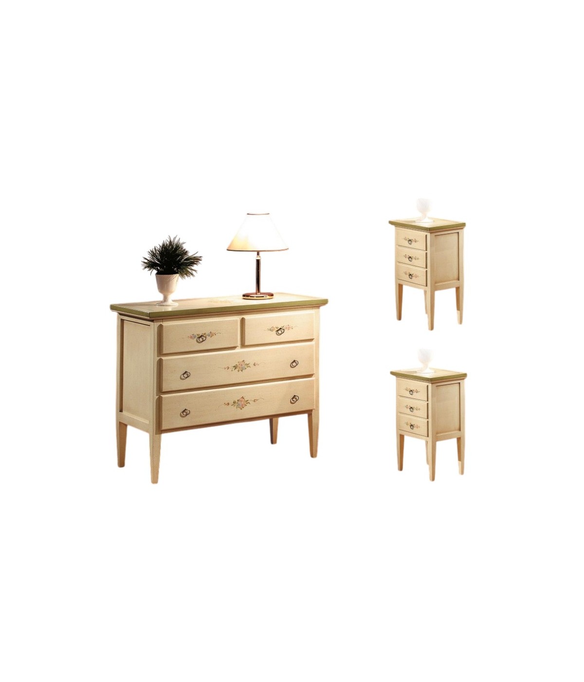 MOBILI 2G - Gruppo 1 Cassettiera 2 Comodini legno shabby avorio verde (1309+1310) vista frontale