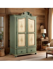 MOBILI 2G - ARMADIO IN LEGNO SHABBY VERDE AVORIO E FILO ECRU' 122X60X204 (1313) vista frontale