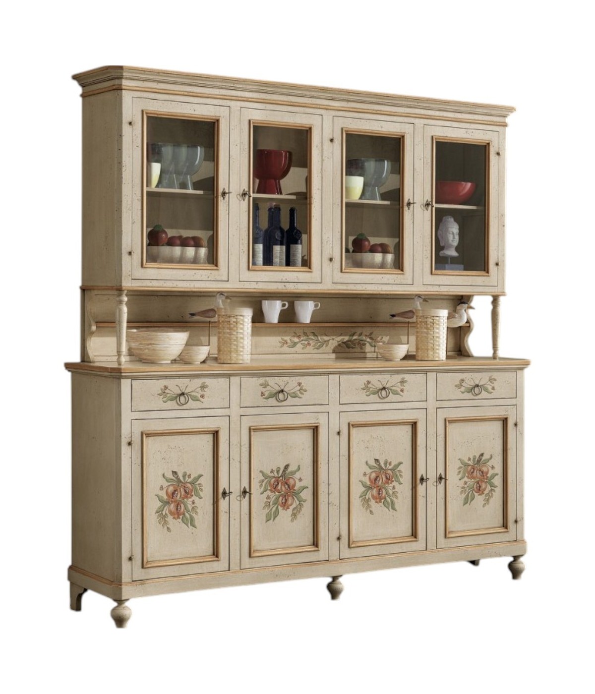 MOBILI 2G - cristalliera legno shabby avorio ocra 4 porte 198x50x227 (1620+1621) vista frontale