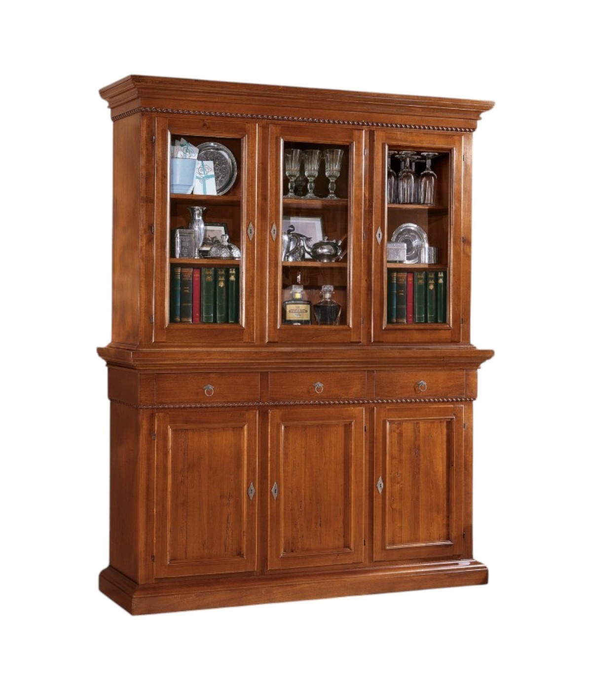 MOBILI 2G - CRISTALLIERA 3 PORTE IN LEGNO NOCE ARTE POVERA 190x50x228 (604+605) VISTA FRONTALE