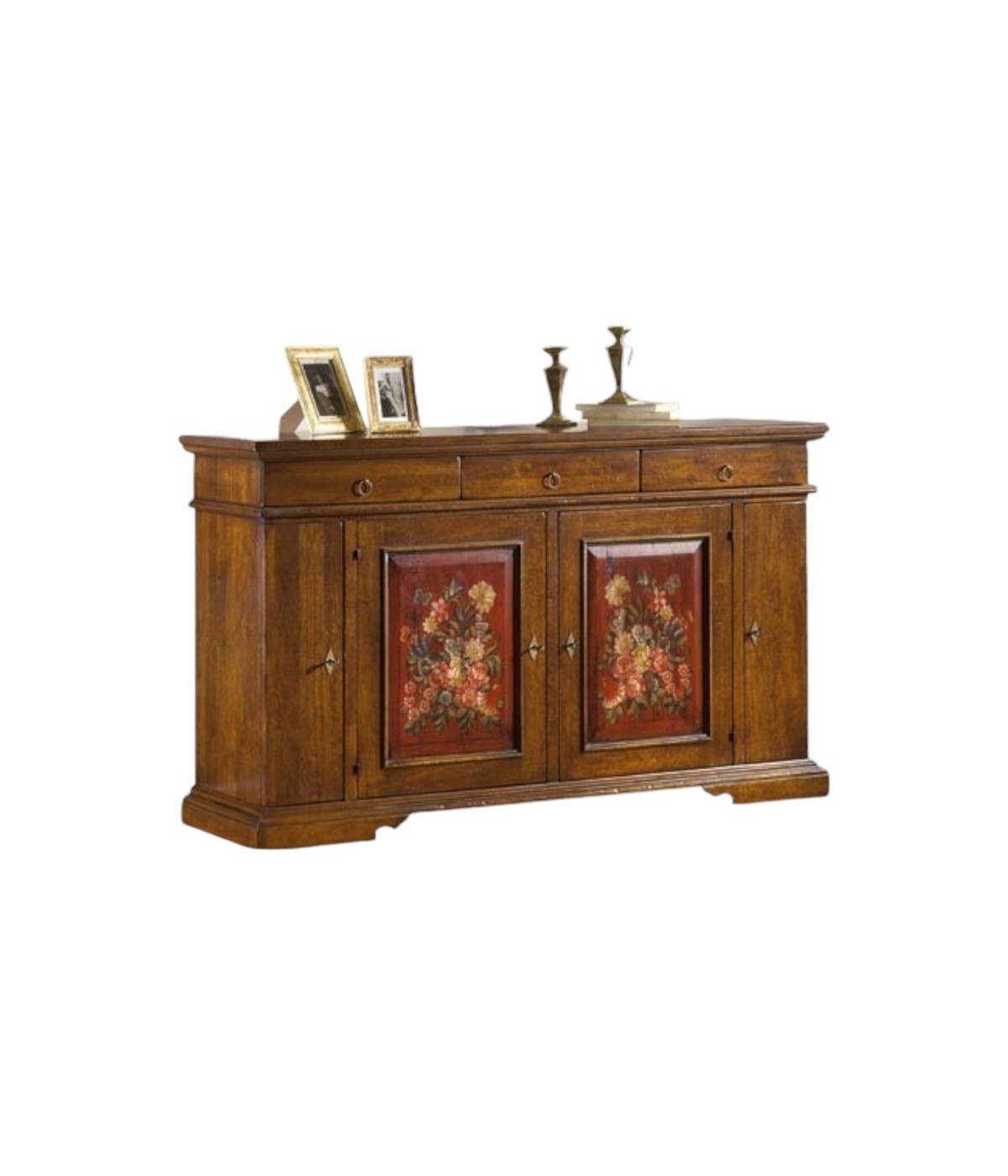 MOBILI 2G - Madia Credenza in legno 4 porte noce antico con decori 201x 52 x114 (1420) vista frontale