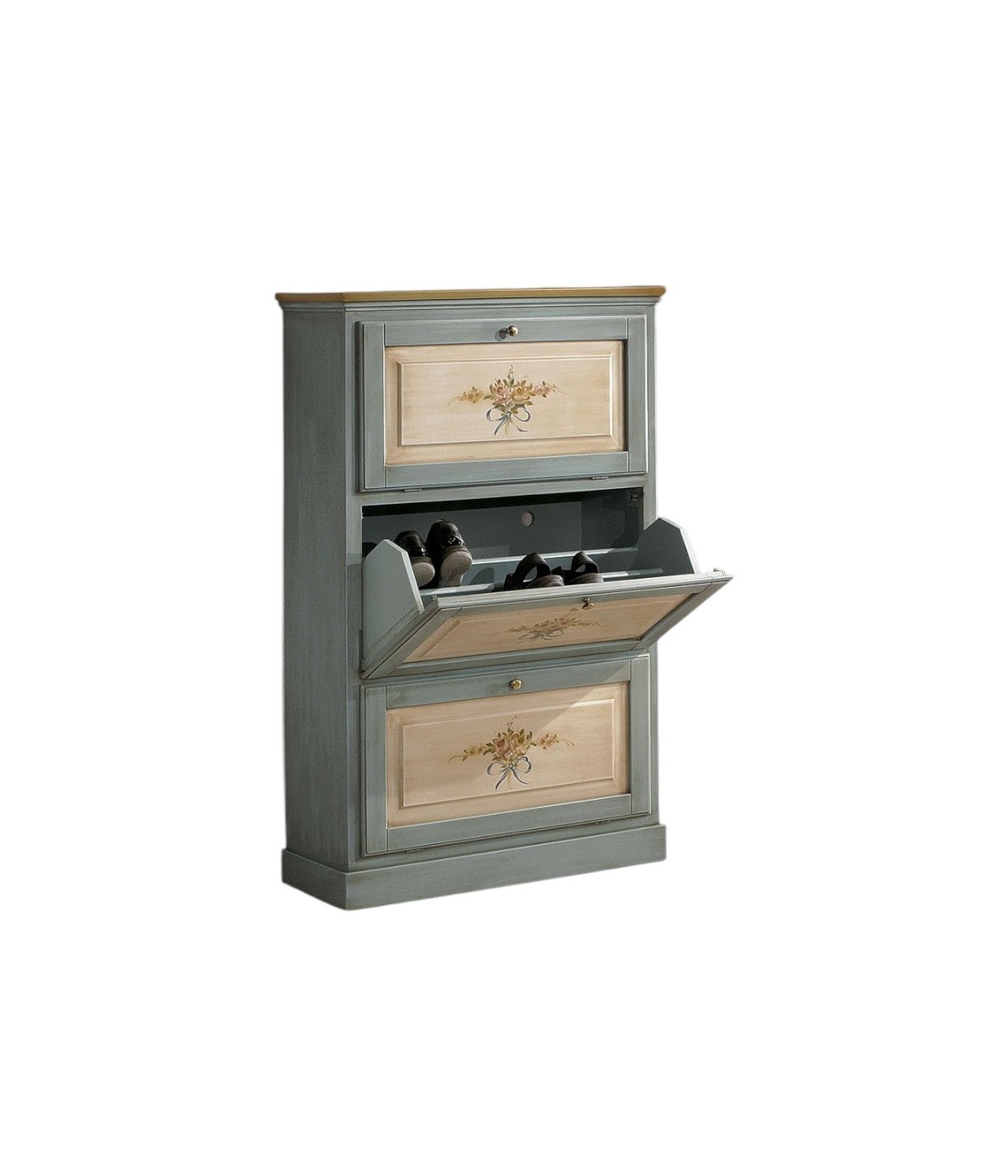 MOBILI 2G -  SCARPIERA 3 ANTE IN LEGNO MASSELLO AZZURRO/OCRA L.80 x P.30 H.130 (1218) VISTA FRONTALE