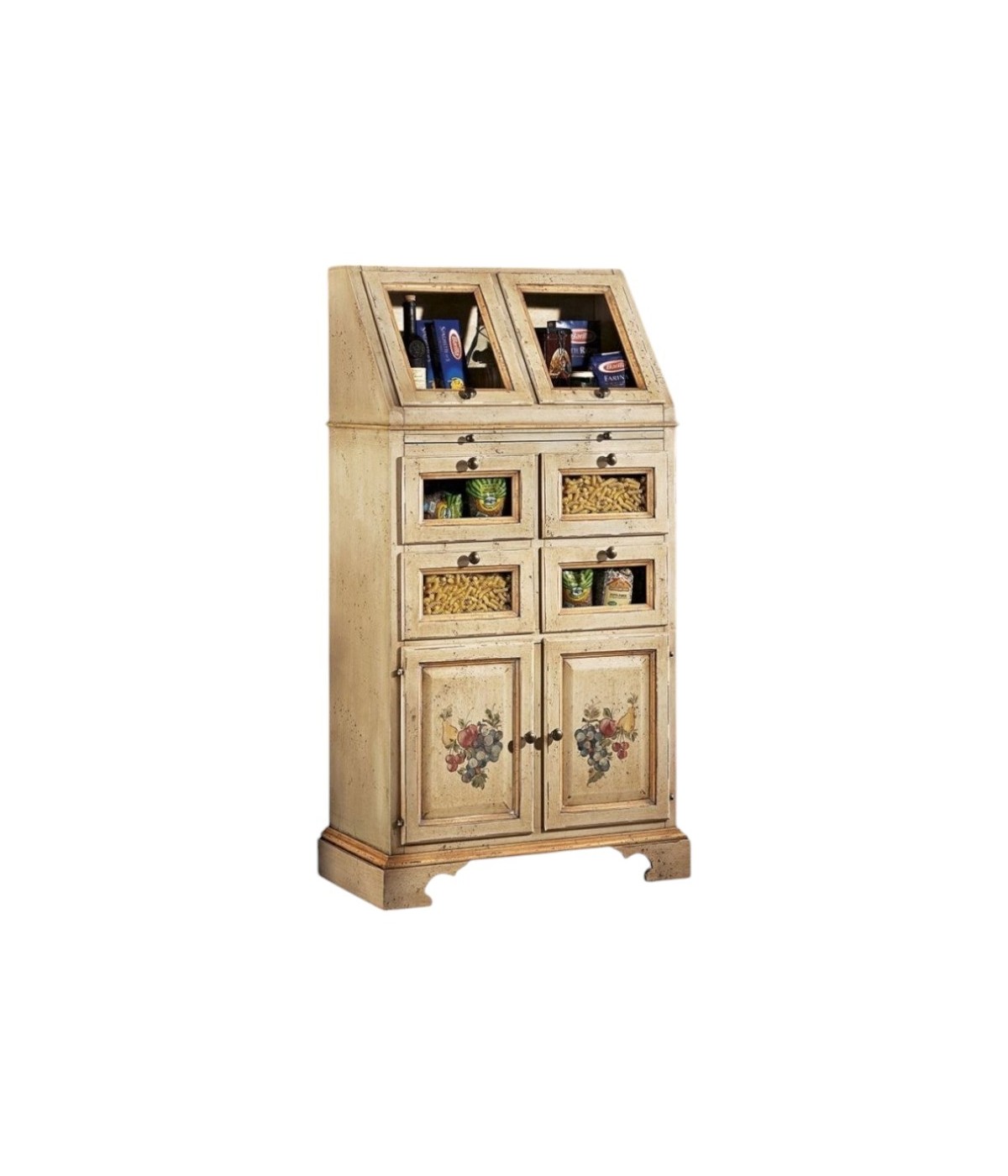 MOBILI 2G - Dispensa shabby 2 ribalte, 2 porte e 4 cassetti legno decorata 82x44x153 (1447) vista frontale