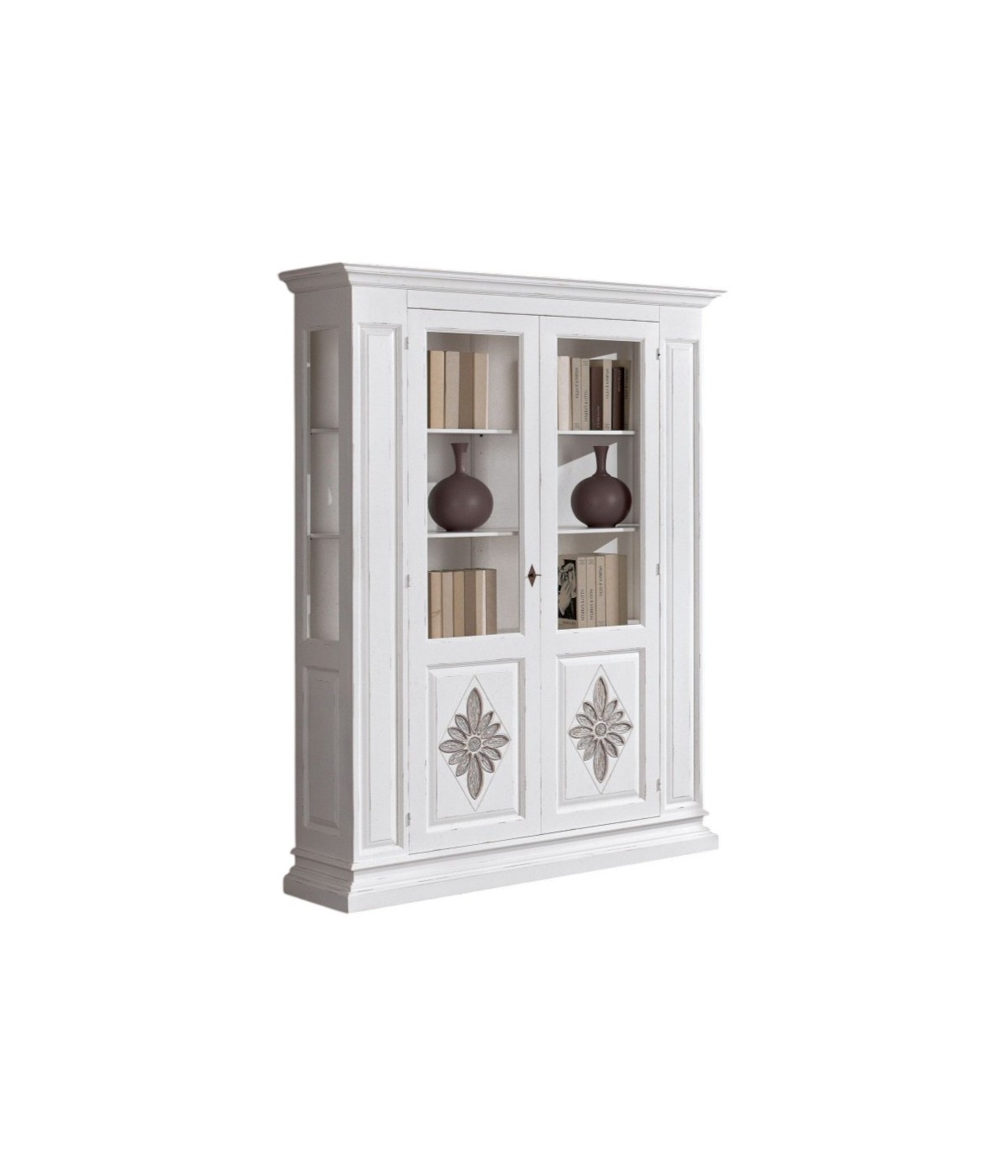 MOBILI 2G - VETRINA 2 PORTE IN LEGNO INTAGLIATA SHABBY BIANCO L.155 x P.48 H.215 (2178)
