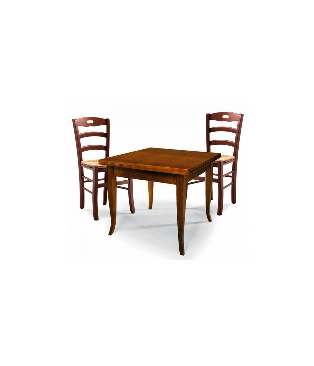 MOBILI 2G - Set tavolo quadrato 80x80 90x90 100x100 allungabile con 4/6 sedie legno seduta paglia vista frontale