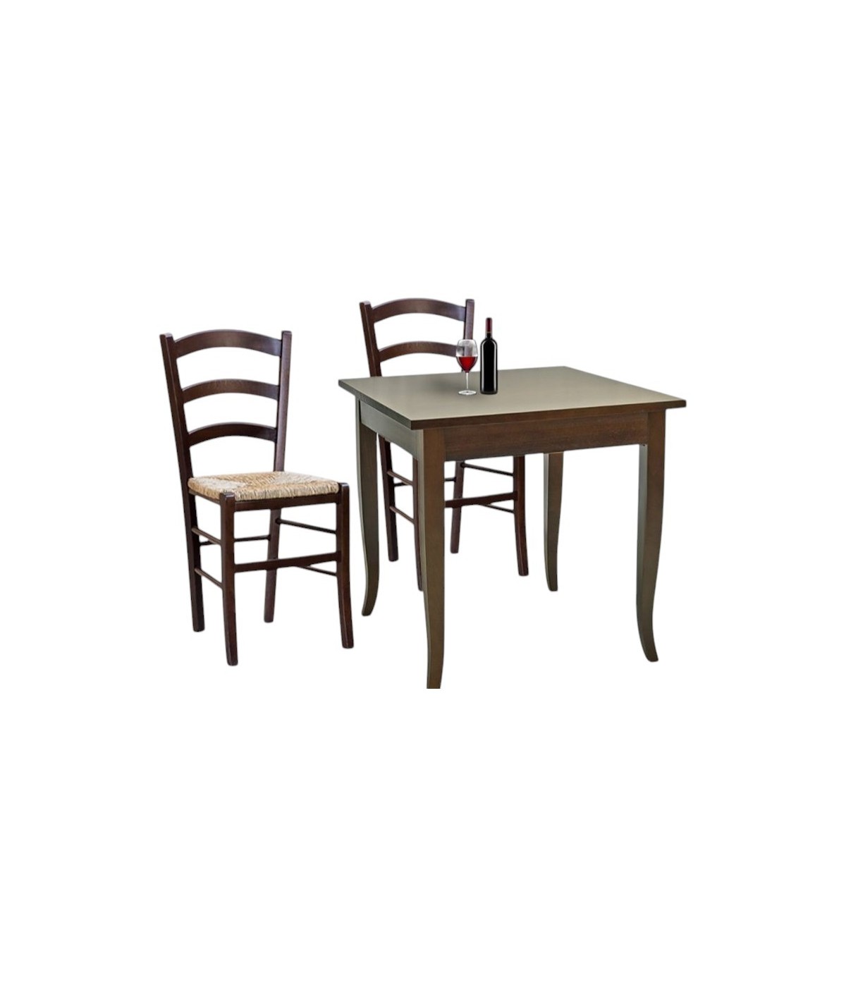 MOBILI 2G - Set tavolo quadrato fisso bar cucina 70x70 con 2 sedie legno seduta paglia vista frontale