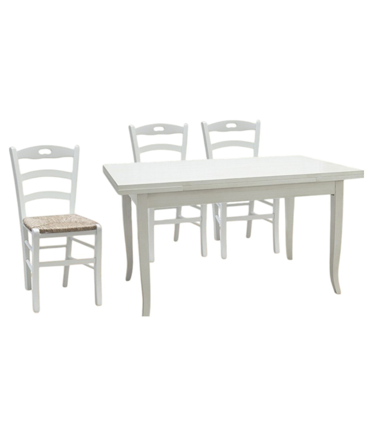 MOBILI 2G - Set tavolo rettangolare shabby 100x70 120x80 140x80 160x85 allungabile con 4/6 sedie legno seduta paglia