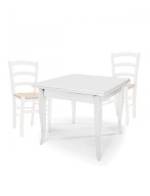 MOBILI 2G - Set tavolo quadrato bianco 80x80 90x90 100x100 allungabile con 4/6 sedie legno seduta paglia vista frontale