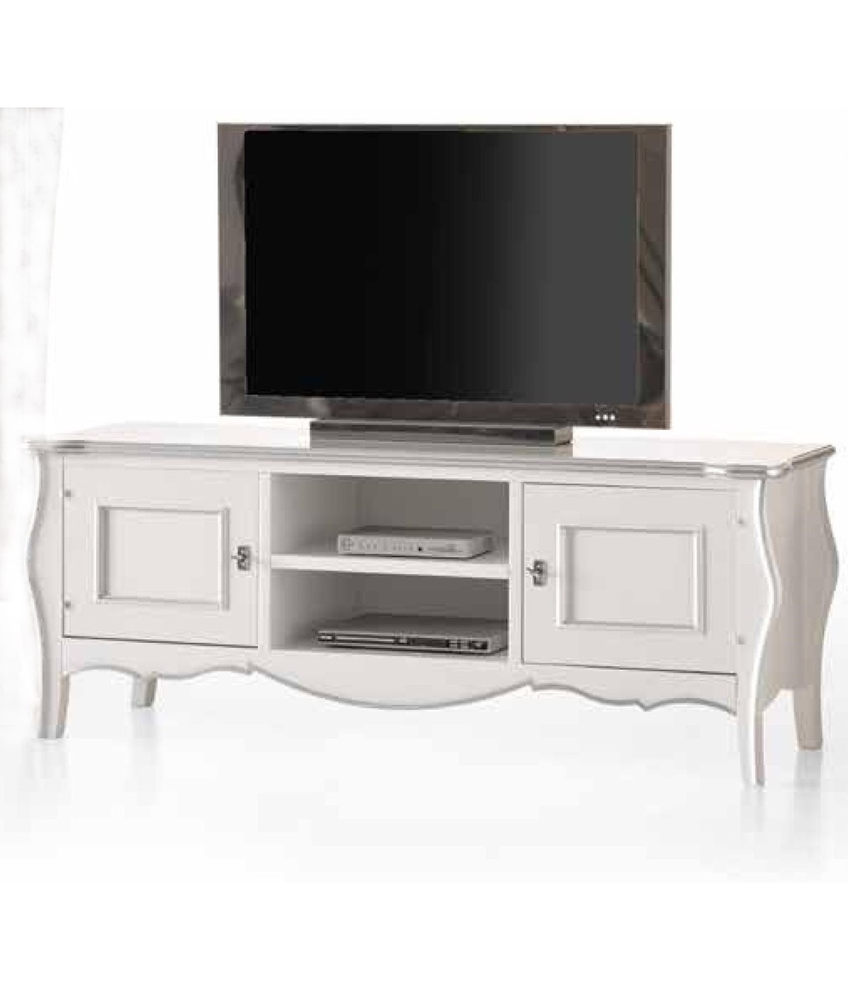 MOBILI 2G - PORTA TV IN LEGNO SHABBY BIANCO/FOGLIA ARGENTO 160X50X61