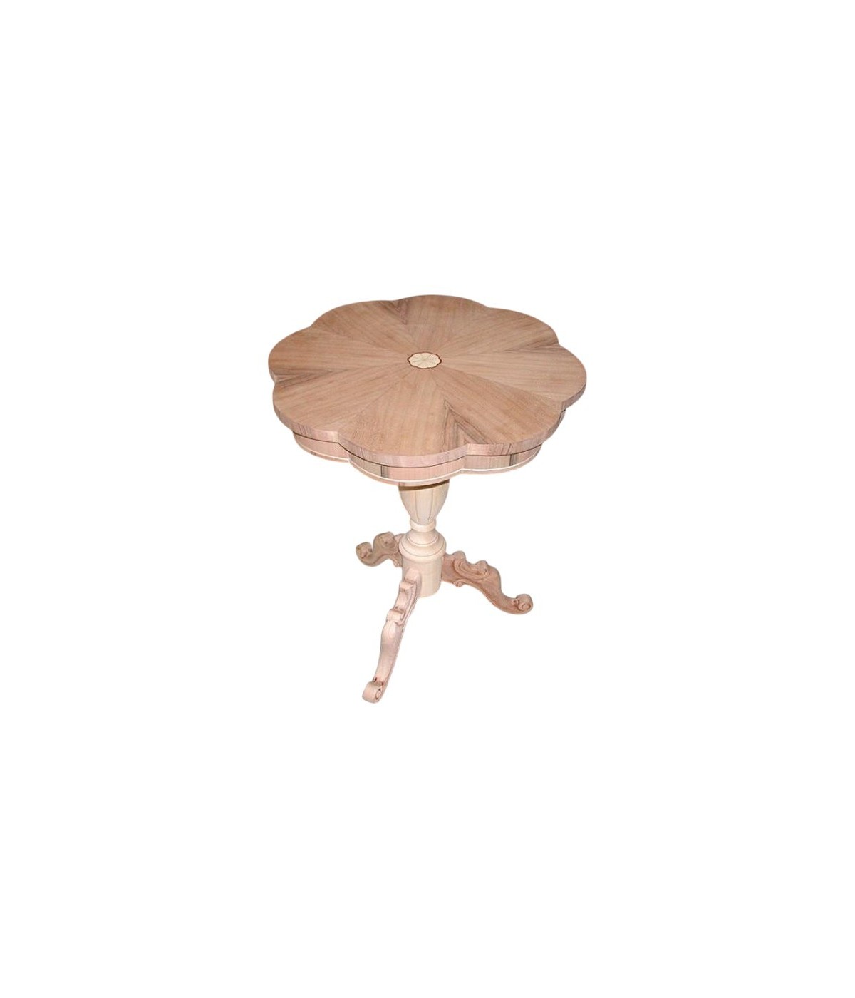 MOBILI 2G -  Tavolino rotondo "Fiore" intarsiato gambone 3 piedi grezzo D.56 H.71