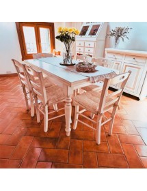 MOBILI 2G - Set tavolo rettangolare shabby bianco anticato 100x70 120x80 140x80 160x85 allungabile con 4/6 sedie seduta paglia