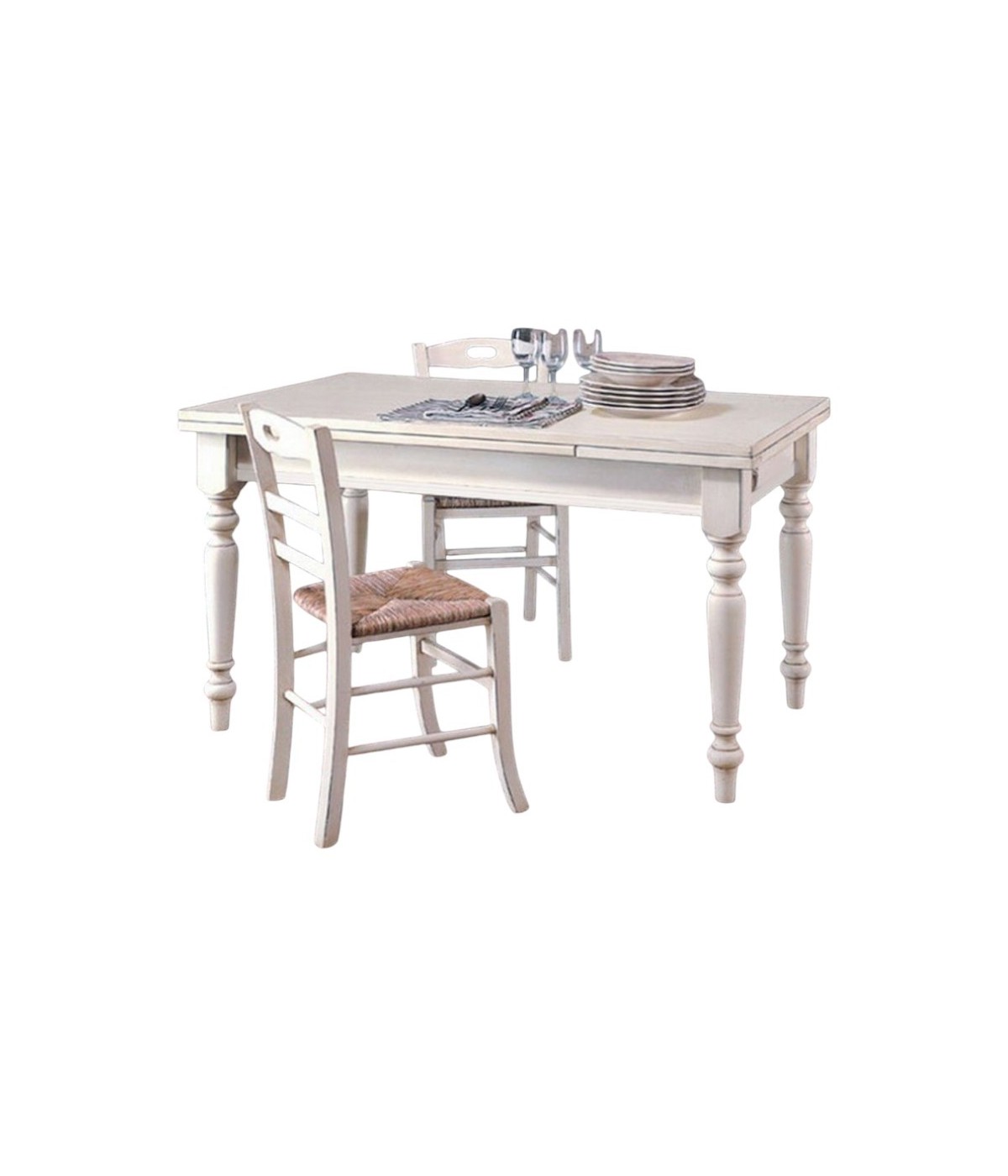 MOBILI 2G - Set tavolo rettangolare shabby bianco anticato 100x70 120x80 140x80 160x85 allungabile con 4/6 sedie seduta paglia