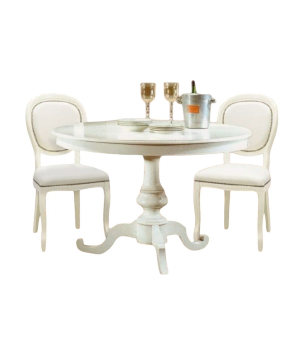 MOBILI 2G - Set tavolo rotondo bianco 100x100 120X120 con 4 sedie imbottite ecopelle bianca vista frontale