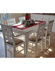 MOBILI 2G - Set tavolo rettangolare bianco sagomato 140x80 160x85 allungabile con 6 sedie imbottite ècru vista frontale