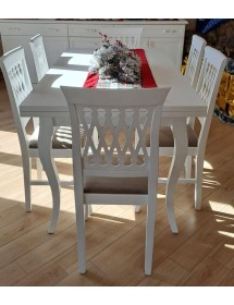MOBILI 2G - Set tavolo rettangolare bianco sagomato 140x80 160x85 allungabile con 6 sedie imbottite ècru vista frontale