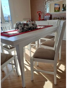 MOBILI 2G - Set tavolo rettangolare bianco sagomato 140x80 160x85 allungabile con 6 sedie imbottite ècru vista frontale