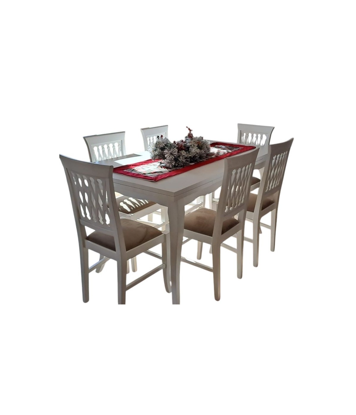 Set tavolo rettangolare bianco sagomato 140x80 160x85 allungabile con 6 sedie imbottite ècru