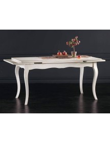 MOBILI 2G - Set tavolo rettangolare bianco sagomato 140x80 160x85 allungabile con 6 sedie imbottite ècru vista frontale