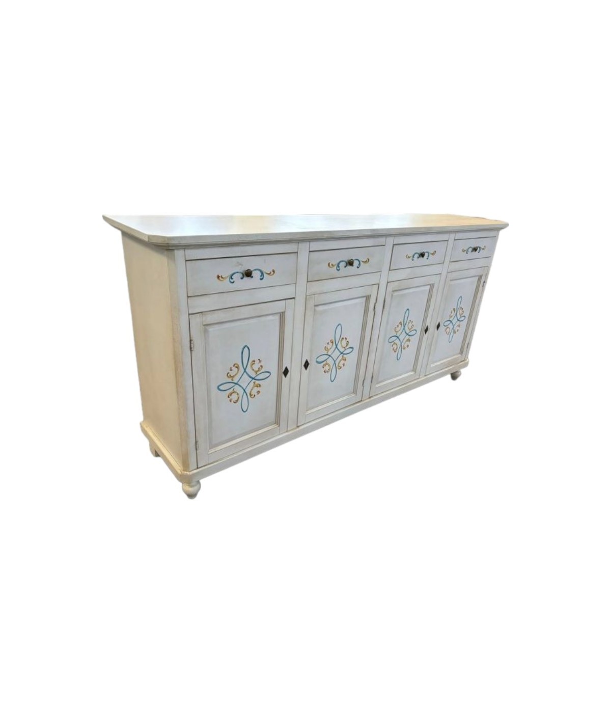 MOBILI 2G - Credenza 4 porte legno shabby bianco anticato decori 196X43X98 vista frontale