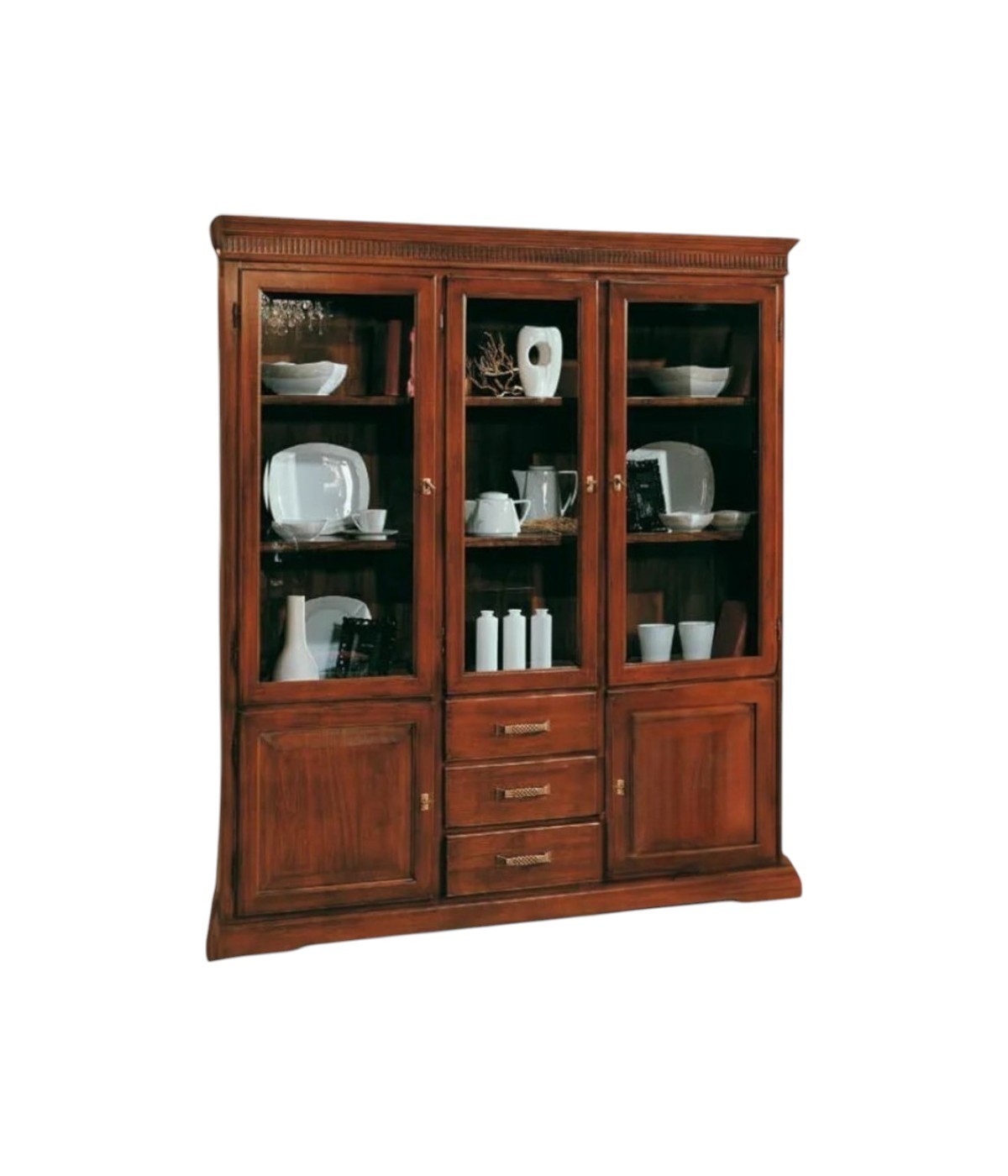 MOBILI 2G - Cristalliera arte povera 3 porte 3 cassetti legno tinta noce 180x40x200 (1221) vista frontale