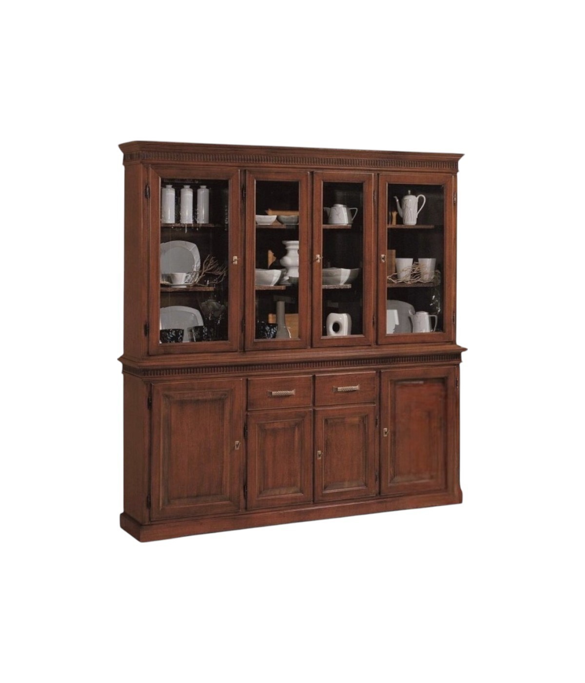 MOBILI 2G - Cristalliera arte povera 4 porte 2 cassetti legno tinta noce 200x47x214 (1224) VISTA FRONTALE