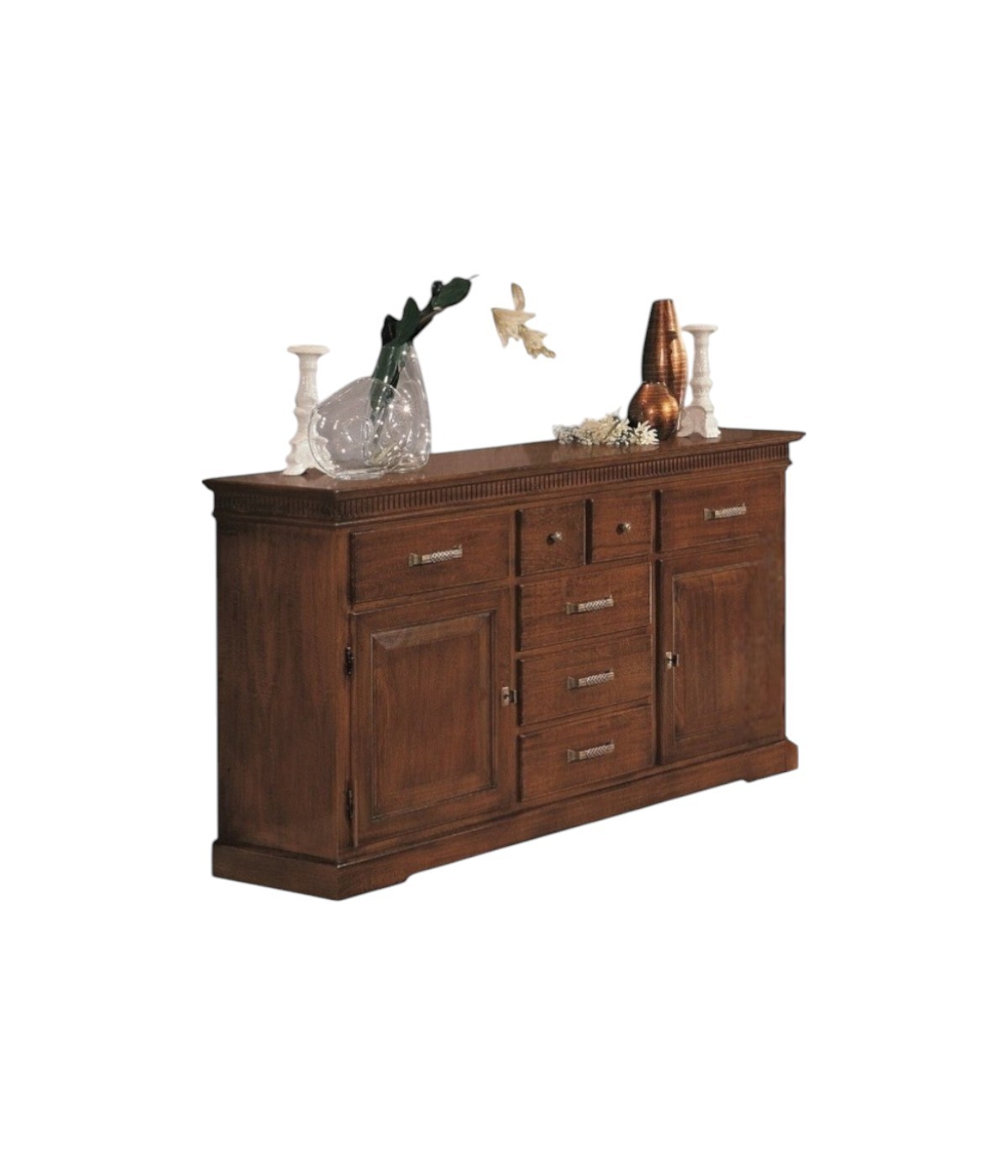 MOBILI 2G - Credenza arte povera 2 porte 7 cassetti legno tinta noce 170x47x96 (1226) vista frontale