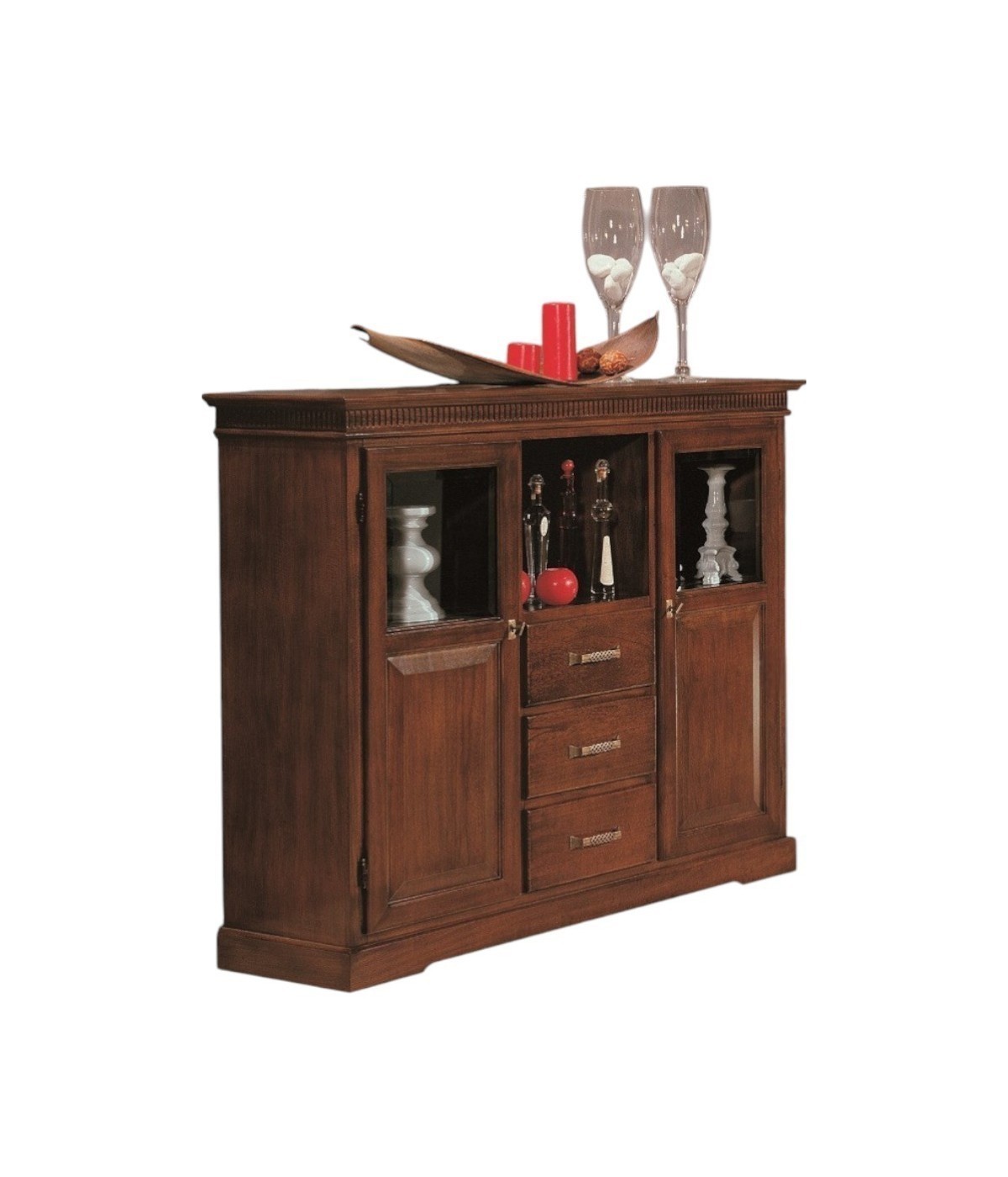 MOBILI 2G - Credenza vetrina arte povera 2 porte 3 cassetti legno tinta noce 150x47x130 (1220) vista frontale