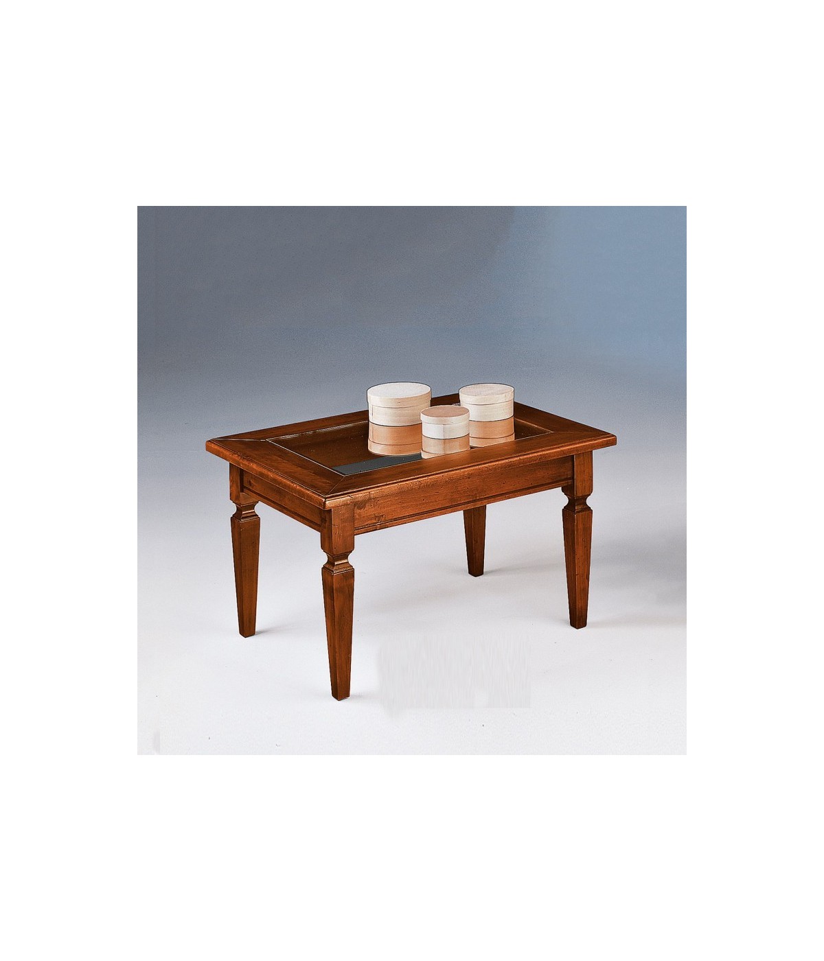 TAVOLINO IN LEGNO MASSELLO CON PIANO IN VETRO TINTA NOCE MISURA L.80 P.60 H.47
