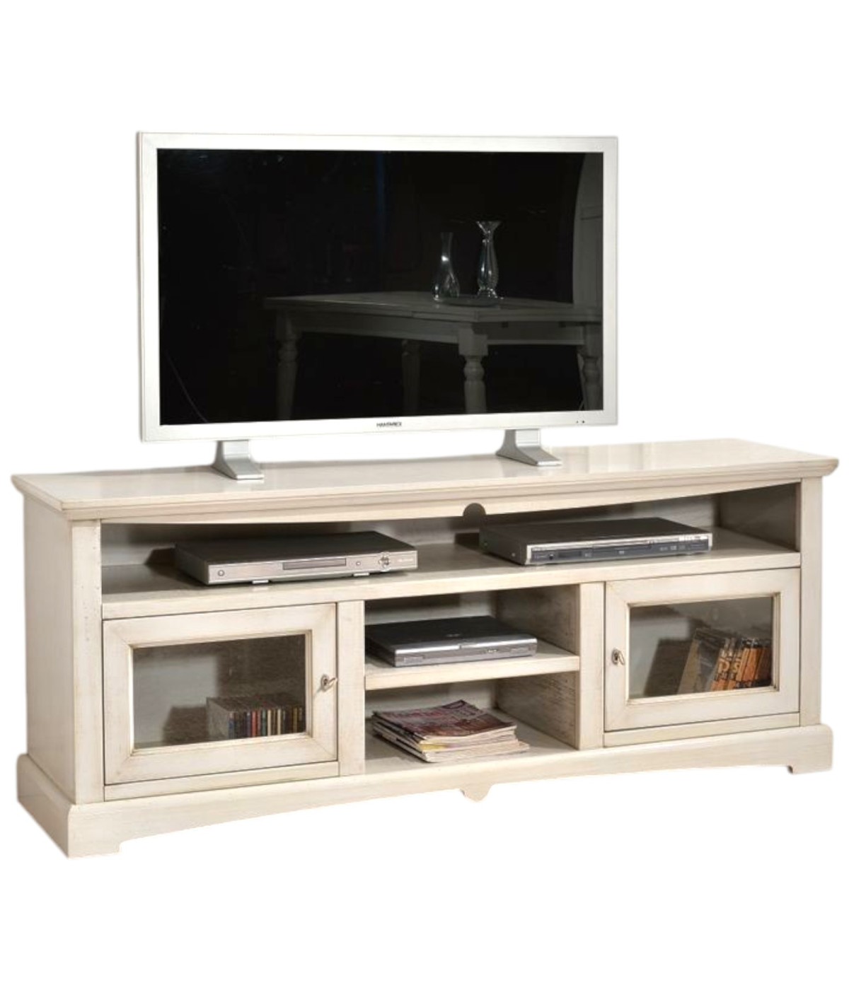 MOBILI 2G - MOBILE PORTA TV GOCCIA 170*46*69H, LEGNO, COLORE BIANCO ANTICATO VISTA FRONTALE