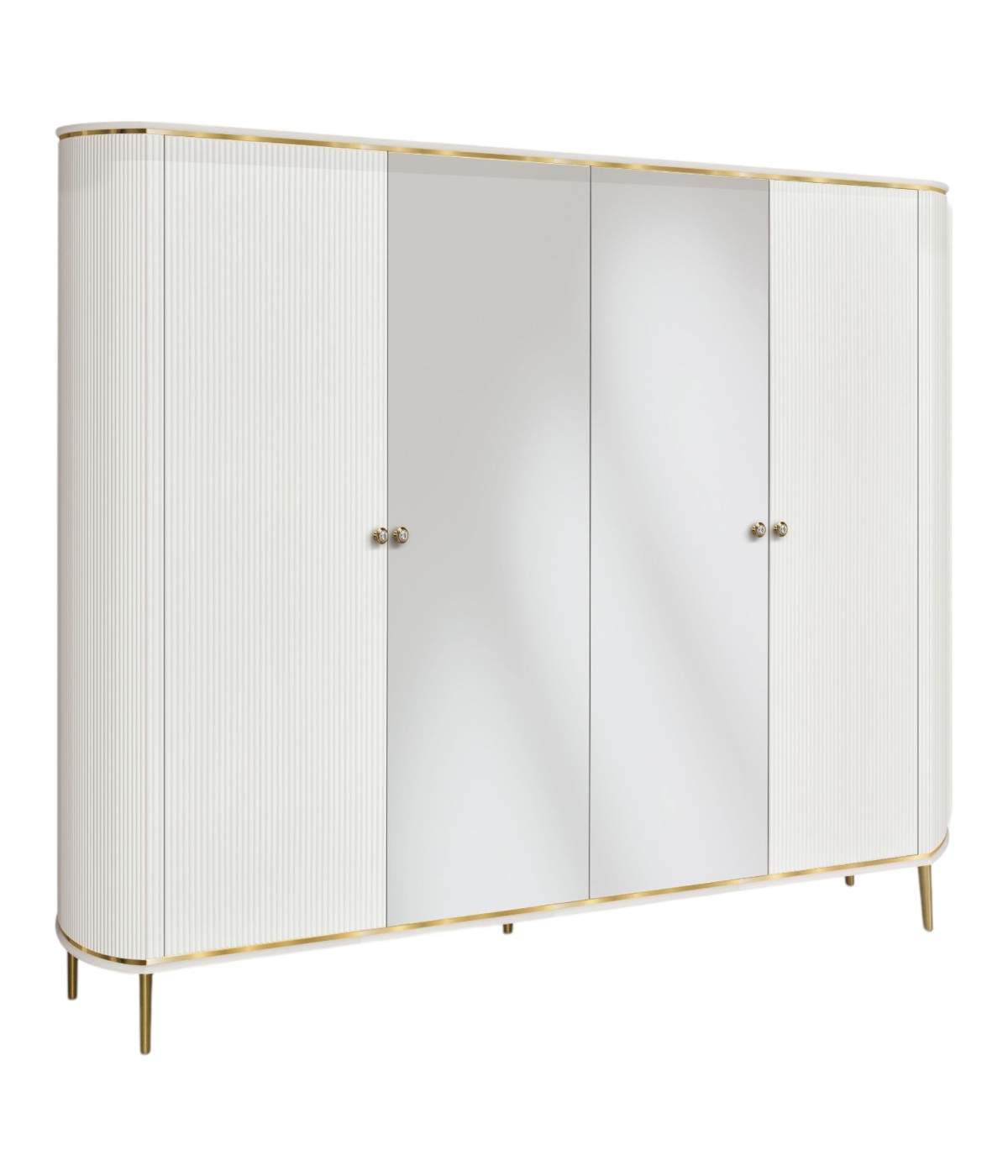 MOBILI 2G - Armadio contemporaneo cannettato 4 ante legno con specchio bianco oro cromo 220X65X240 (137) vista frontale