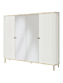 MOBILI 2G - Armadio contemporaneo cannettato 4 ante legno con specchio bianco oro cromo 220X65X240 (137) vista frontale