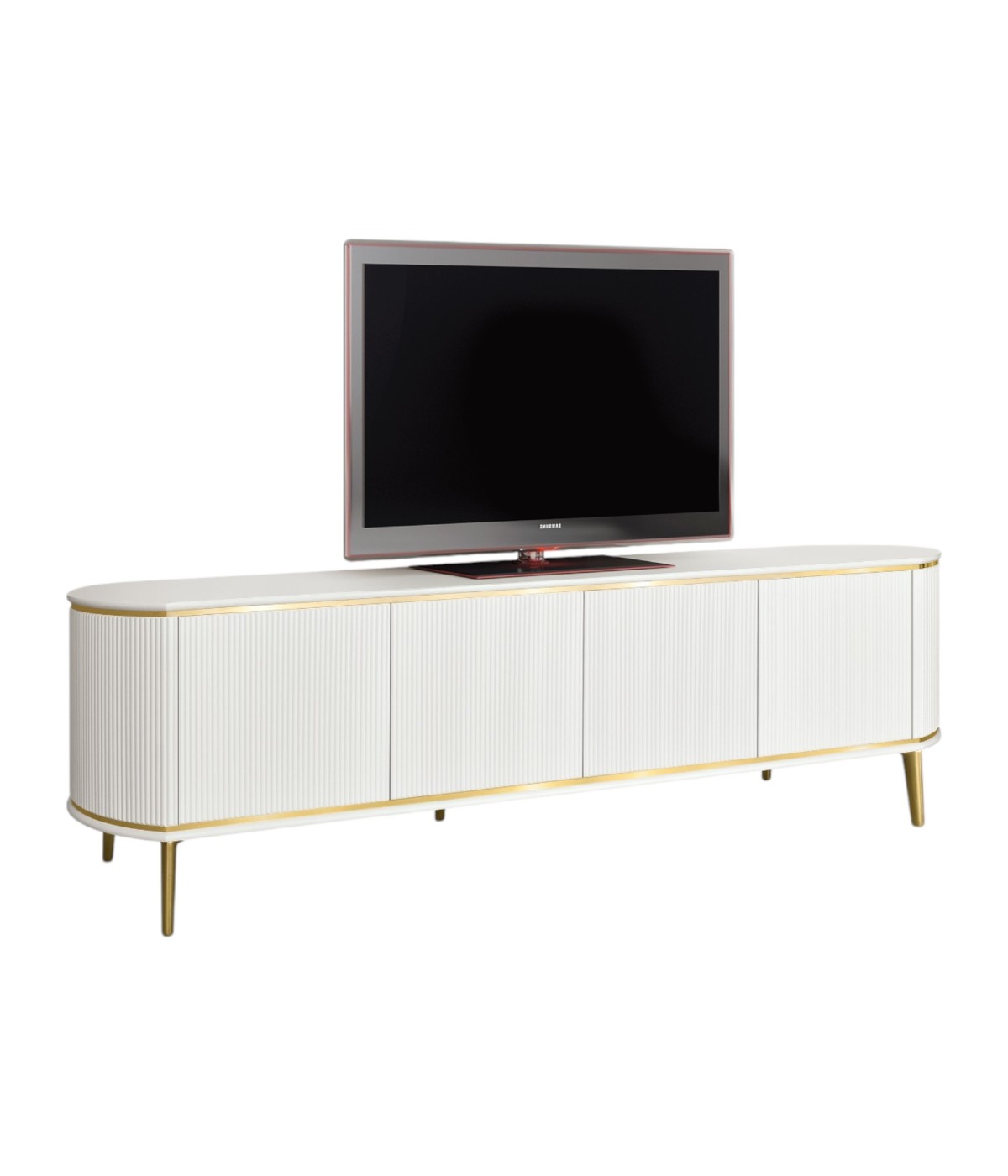 MOBILI 2G - Porta tv contemporaneo cannettato 4 ante legno bianco oro cromo 200X50X60 (113) vista frontale