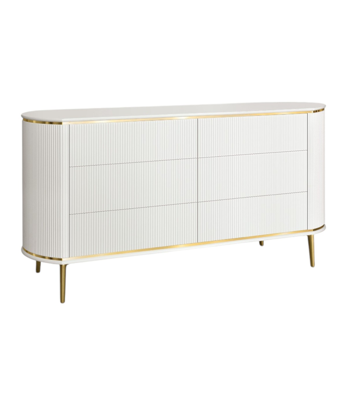 MOBILI 2G - Cassettiera contemporanea cannettato 6 cassetti legno bianco oro cromo 165X56X80 (128) vista frontale