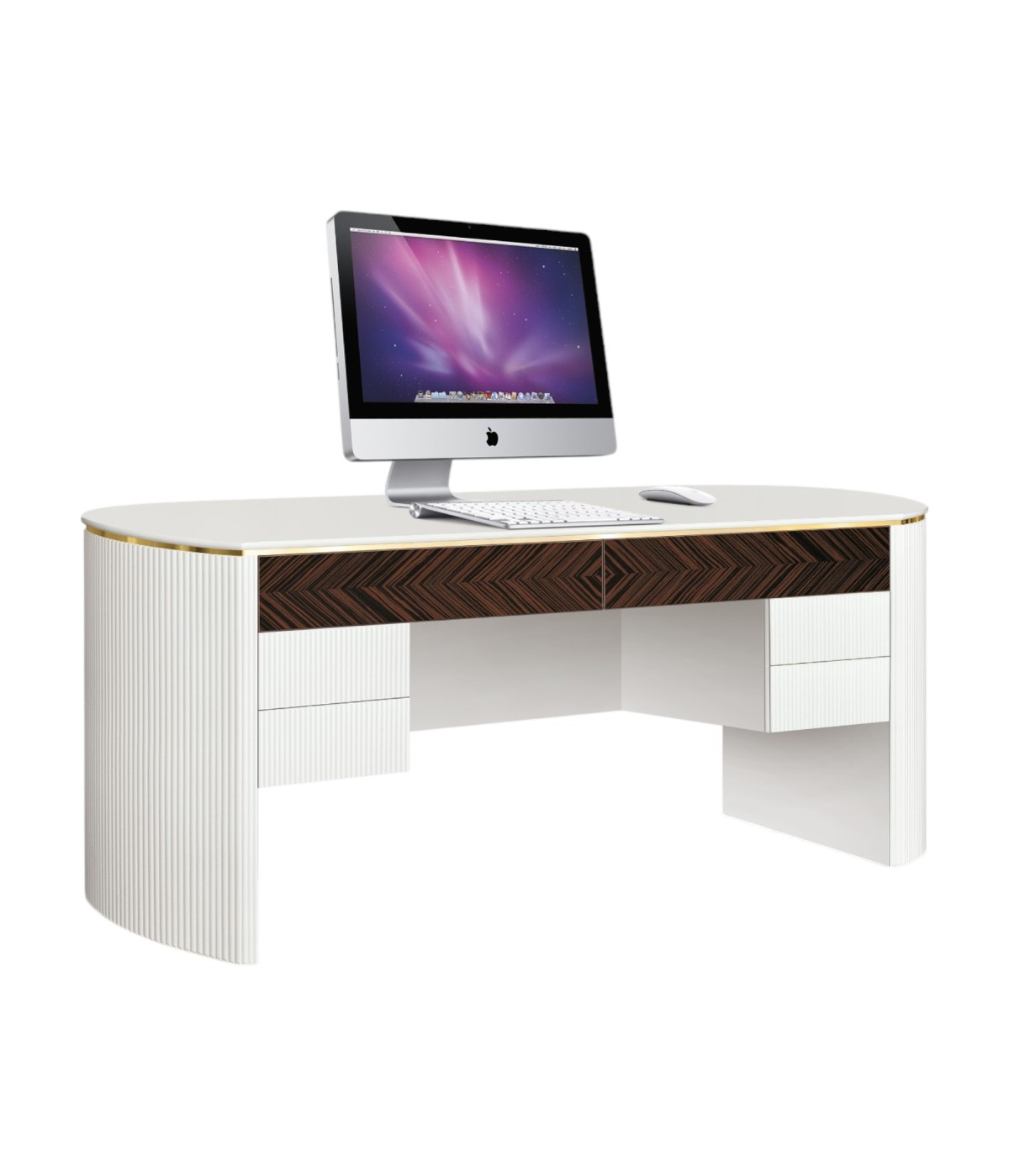 MOBILI 2G - Scrivania contemporanea cannettato legno bianco oro e cromo 200x80x77 (115) vista frontale
